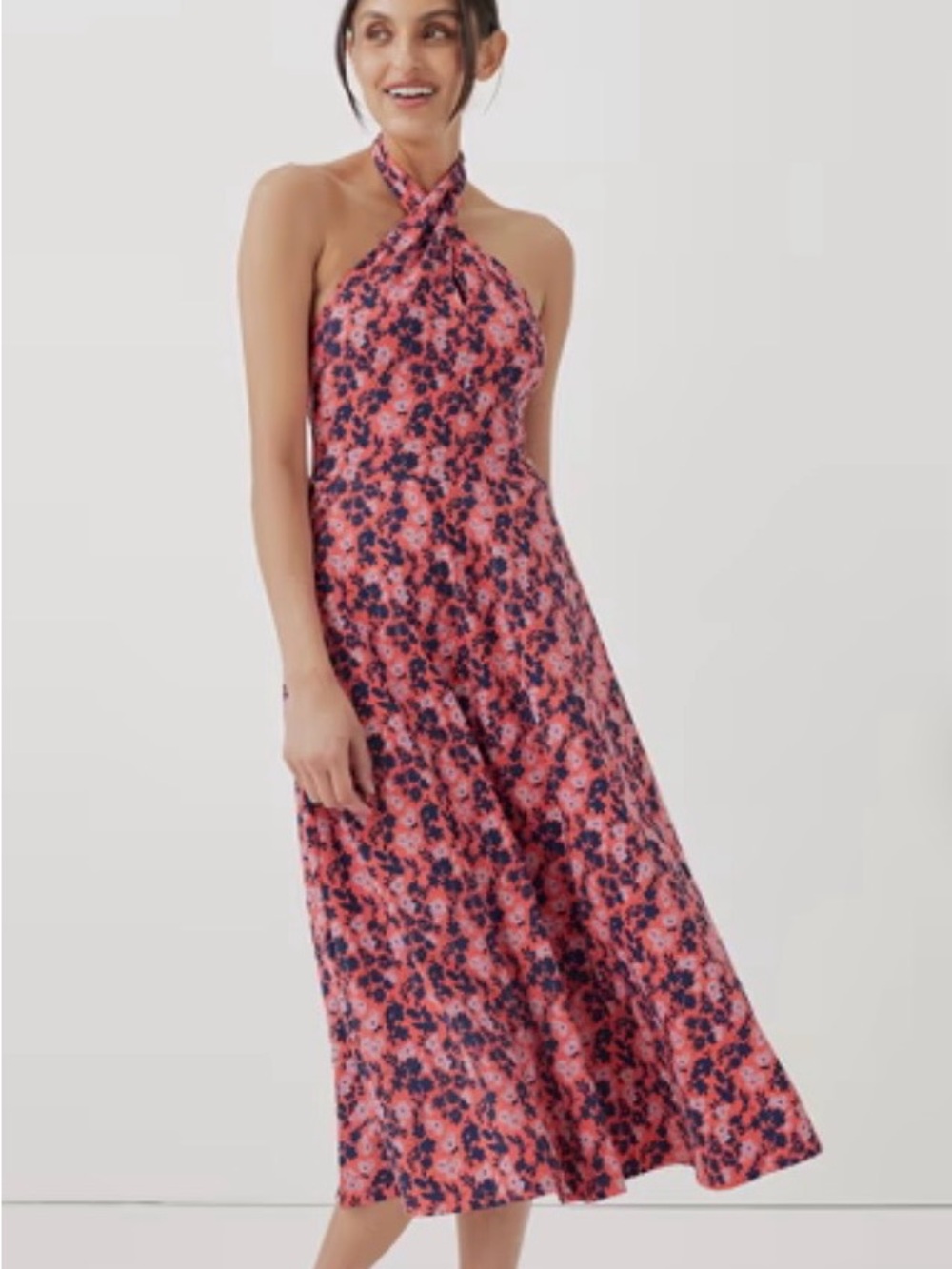 Pact Coral Floral Halter Midi Dress with Navy Print
